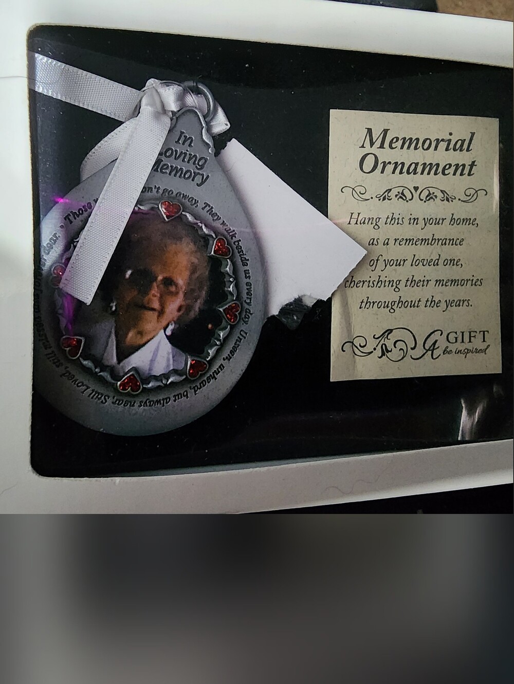 Memorial Ornament with Photo Insert - Silver & Red Heart Accents